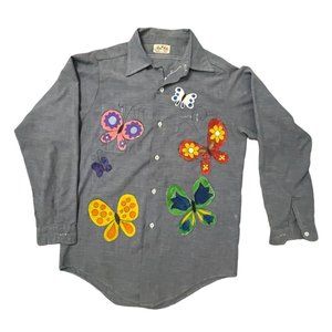 Vintage 60s / 70s Womens King Kole Work Shirt Hand Handpainted Butterflies